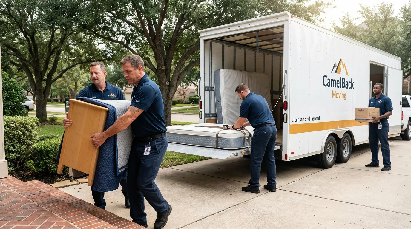 Crew loading residential truck for cross-state move from Nashotah, WI