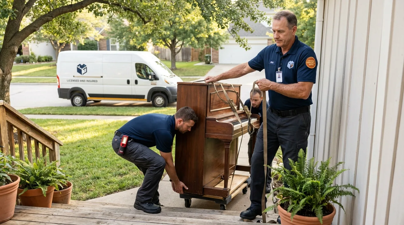 Licensed piano movers securing grand piano in Nashotah, WI