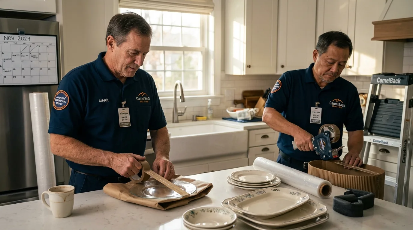 Professional crew packing kitchen dishware in Nashotah, WI